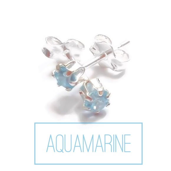 Moodtherapy Jewelry - 925 Sterling Silver Tiny Pale Blue 3mm Genuine Aquamarine Gemstone Stud Earrings